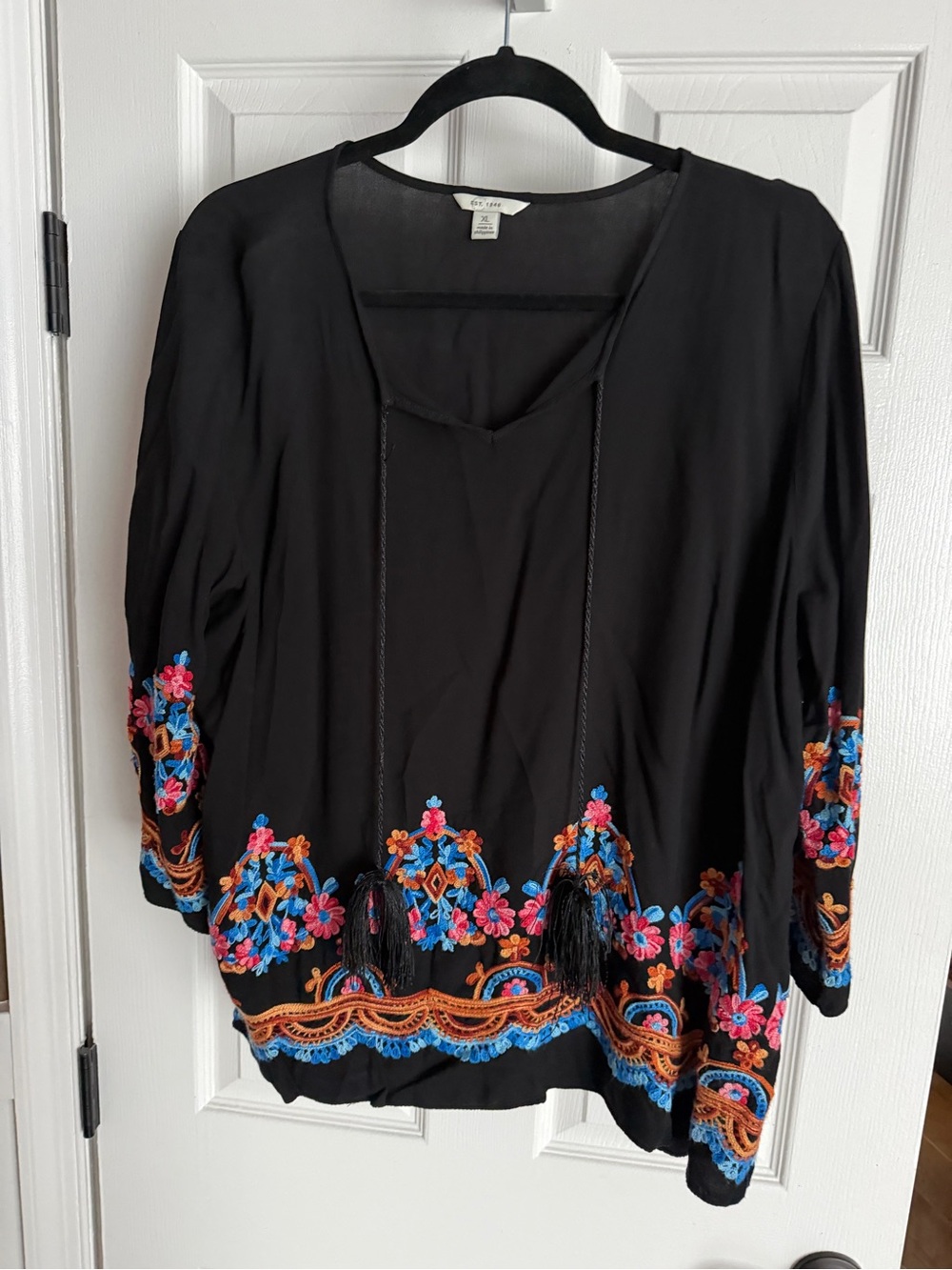 Ella Moss Black Tunic with Blue, Pink and Orange Embroidery